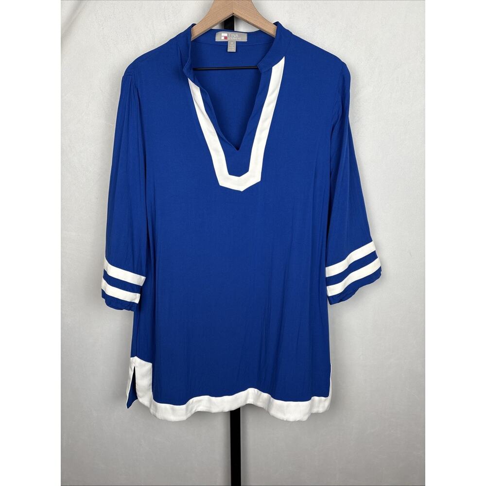 NEW Tina Stephens Tina 3/4 Sleeve Tunic Size Medium Cobalt Blue Nautical Coastal - Picture 2 of 12